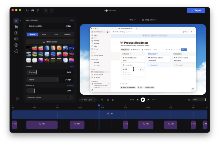Recordly open-source screen recording tool with clean editor interface showing recording timeline and controls