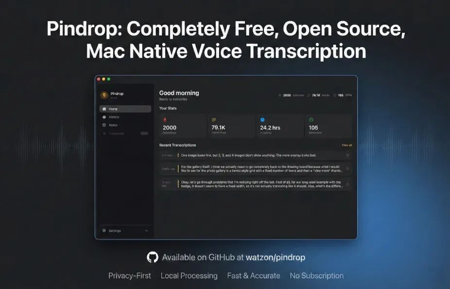 pindrop macOS menu bar speech-to-text app powered by WhisperKit offline recognition