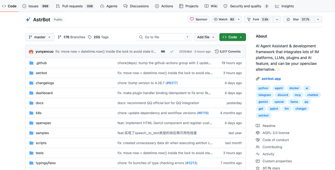 AstrBot open source AI chatbot platform GitHub repository with 37K stars