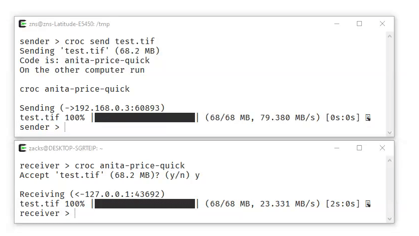 Croc open-source file transfer tool sending files between computers with a passphrase