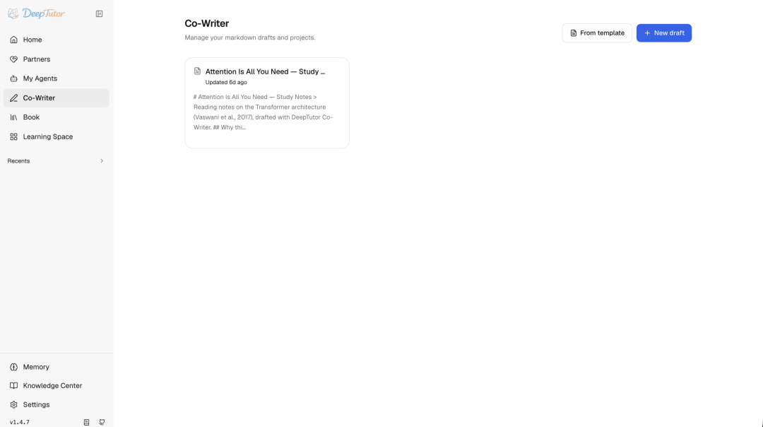 DeepTutor Co-Writer multi-document AI writing