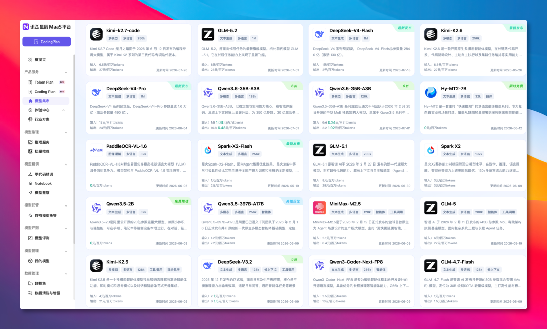 iFlytek model marketplace listing dozens of mainstream models including Spark, DeepSeek, Qwen, Kimi, and GLM