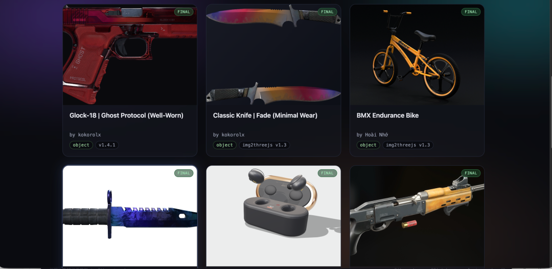 img2threejs official gallery showing CS2 weapon models, Sony earbuds, and BMX bike as interactive 3D