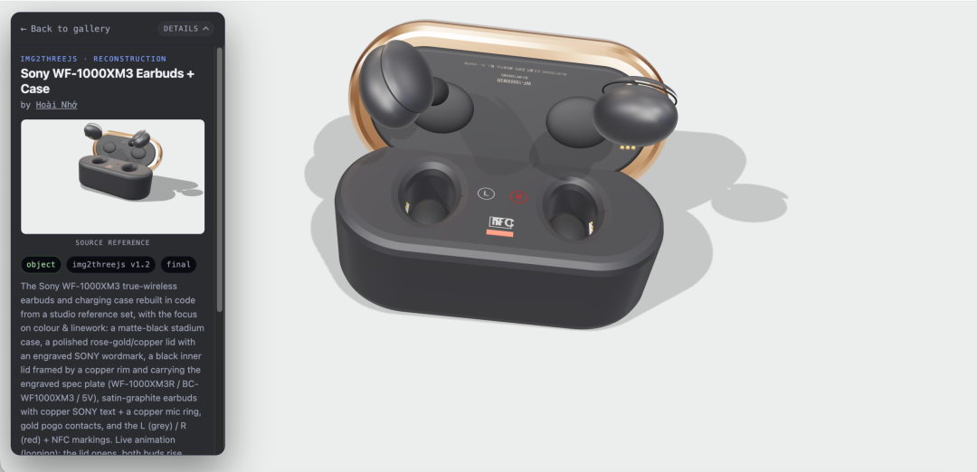 Sony WF-1000XM3 earbuds rebuilt as interactive Three.js 3D model from a single product photo