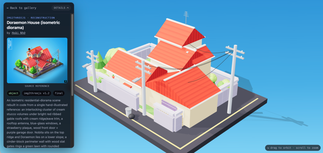 Doraemon style house generated as interactive 3D model from a single illustration by img2threejs