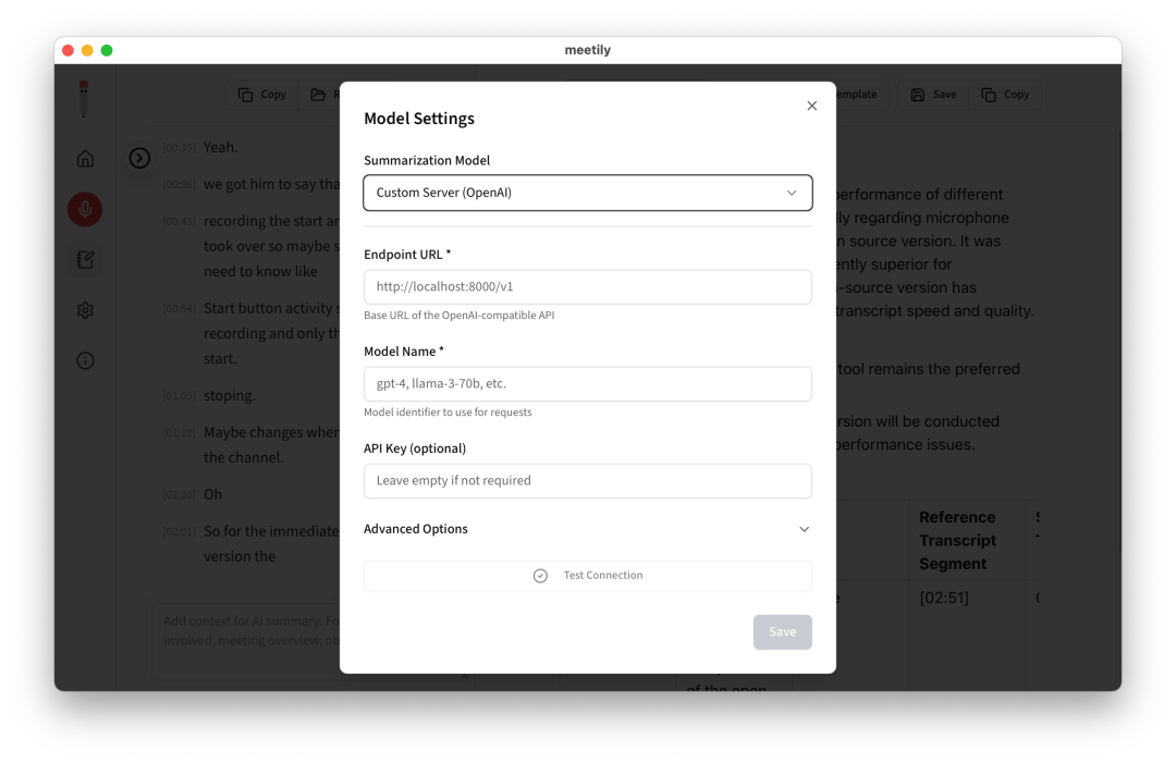 Meetily model selection panel with Ollama and cloud API options