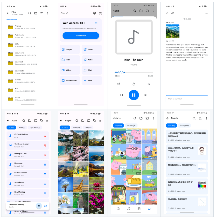 PlainApp browser dashboard showing files photos messages and contacts