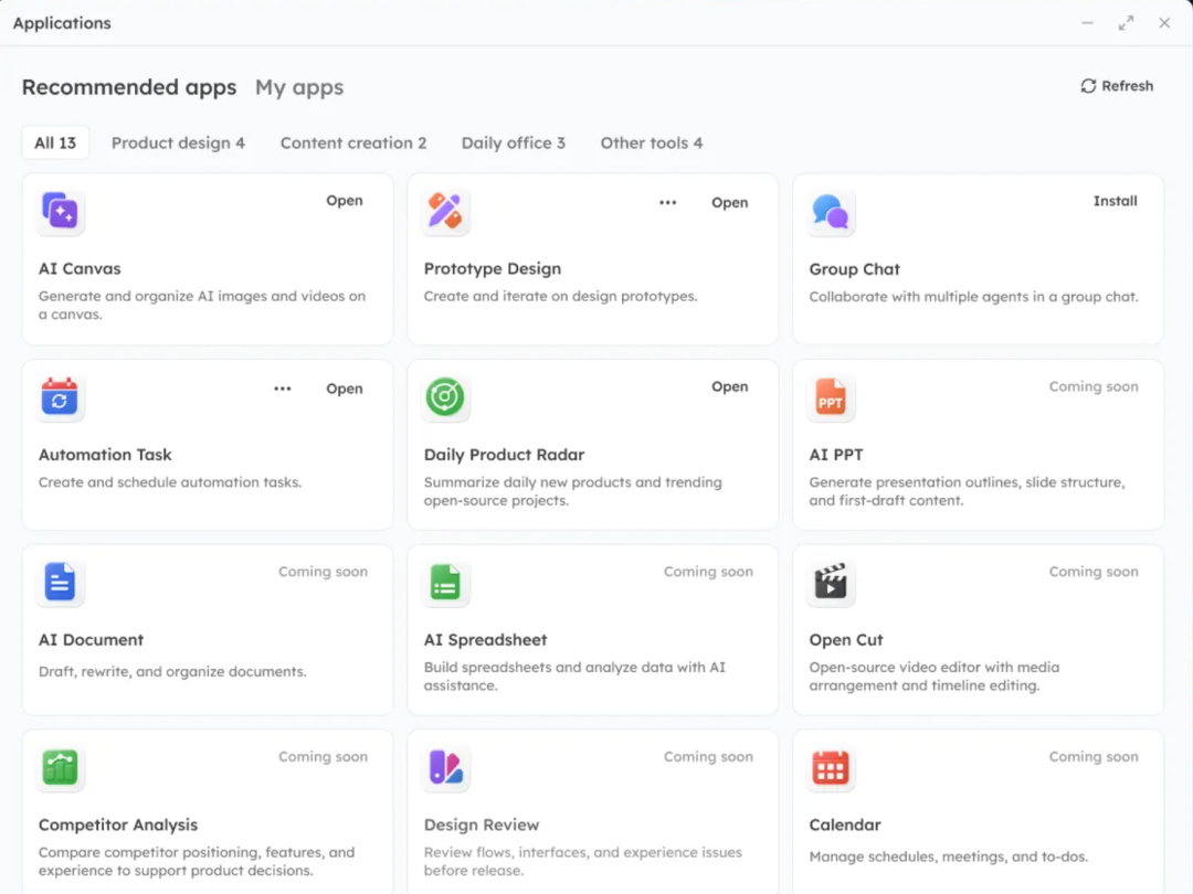 Tutti app launcher with AI Canvas PPT Doc and Prototype Design